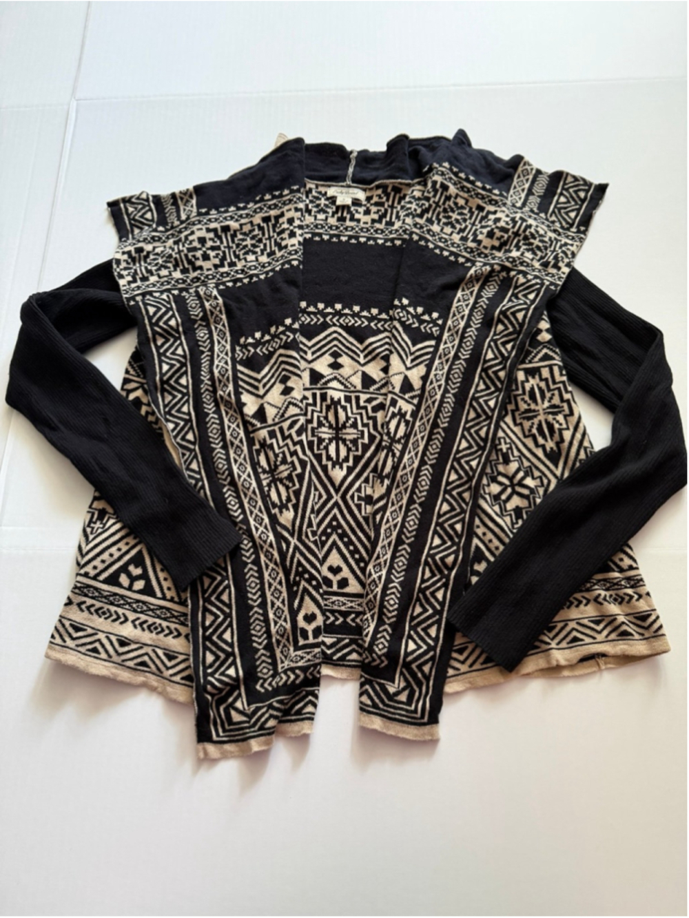 Lucky Brand Aztec Waterfall Open Cardigan brown/black sz S neck seam repaired